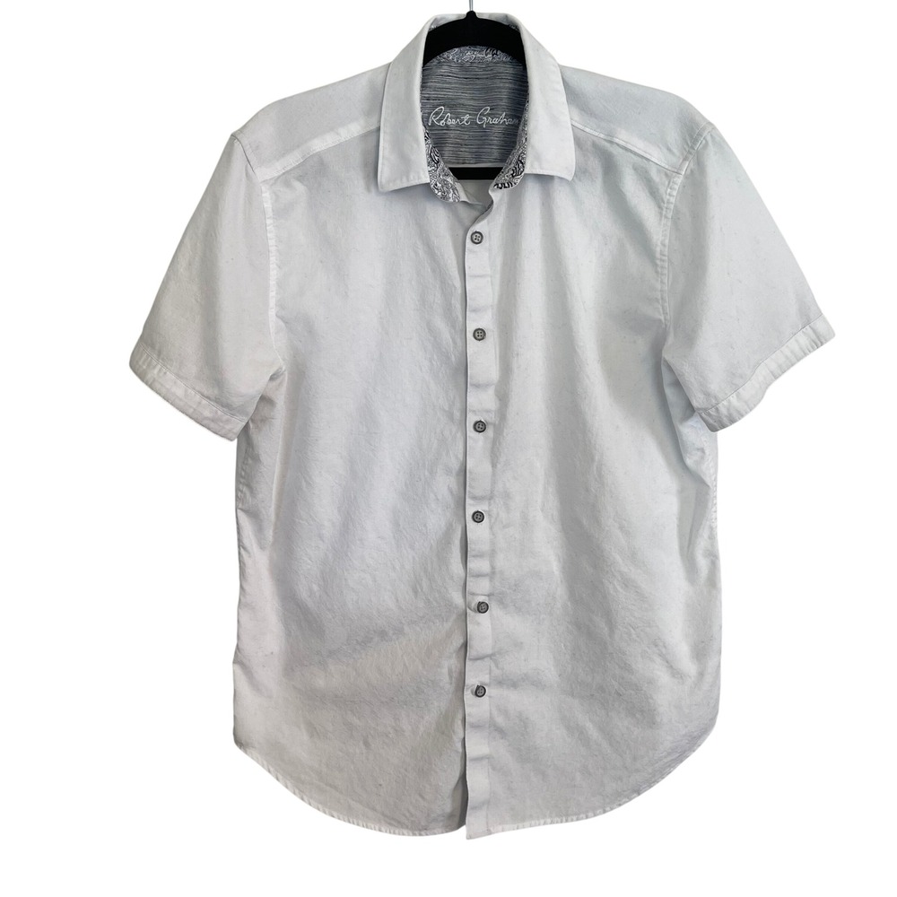 Robert Graham Mens White Jacquard Floral Short Sleeve Button Down Shirt Size M